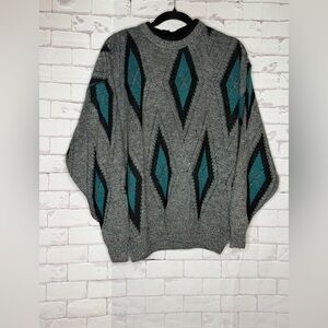 Colore Italy Vintage Argyle Knit Sweater Gray Teal Wool Blend -Italy Made - Sz L